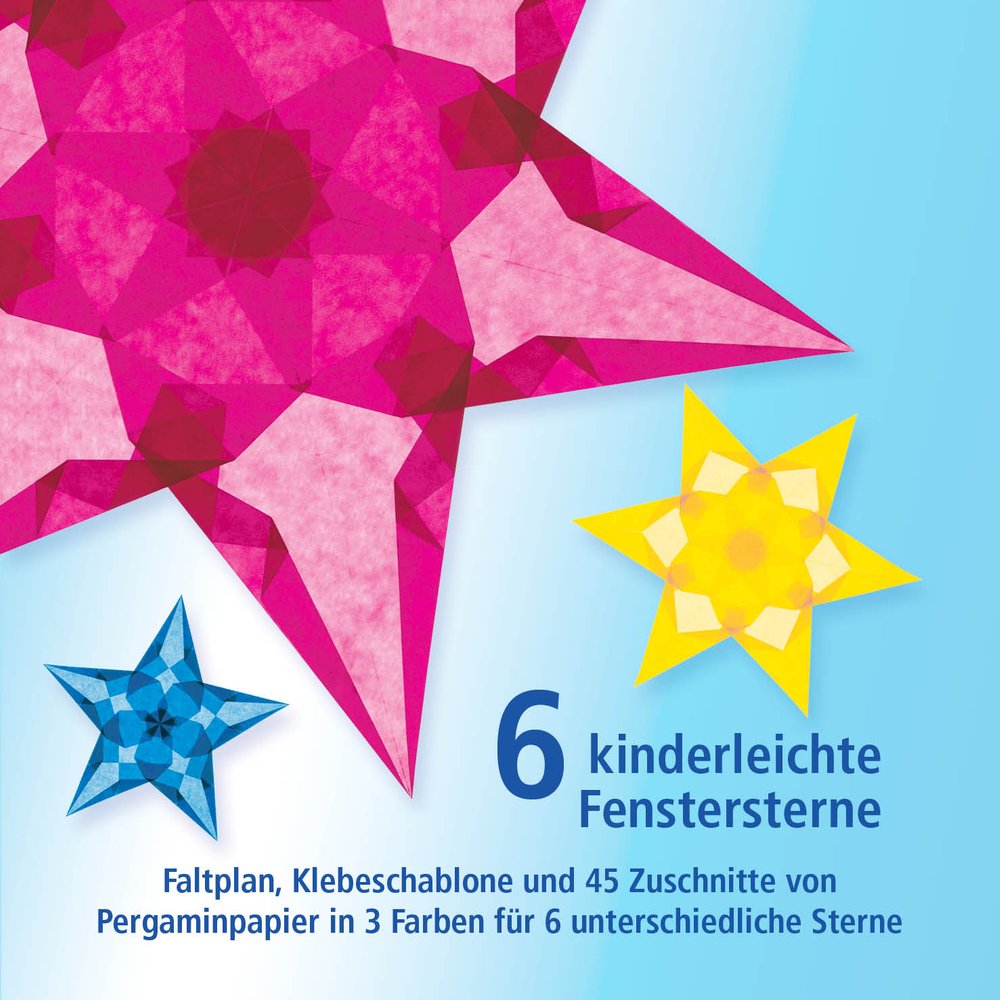 6 kinderleichte Fenstersterne (gelb, blau, magenta)